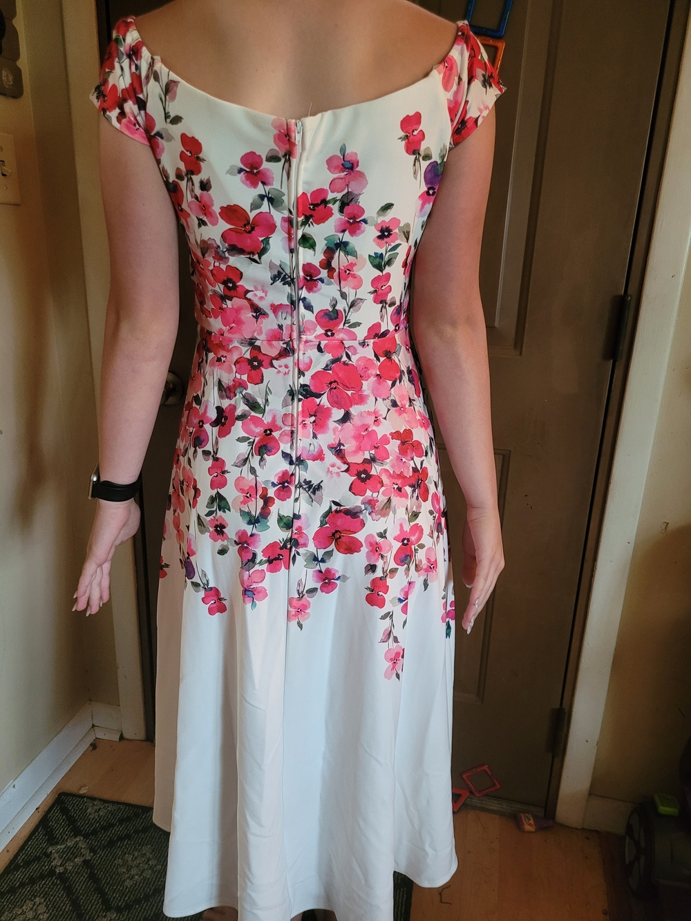 Premier White Midi Dress with Pink Floral Print